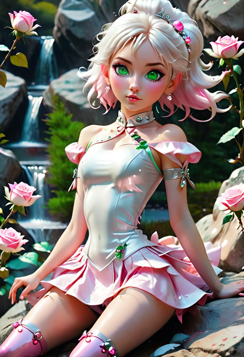 "((Lying on her side on a rock surrounding my +white roses)) A enchanted beautiful girl with short straight white hair in a ponytail with pink highlights in green eyes. Saphhire Crystal oranments hair clips on her head, silver leotard mini dress with pink off-shoulder bubble sleeves and a pink mini cloth tied around her waist. Leather white shiny boots with pink crystals heels."