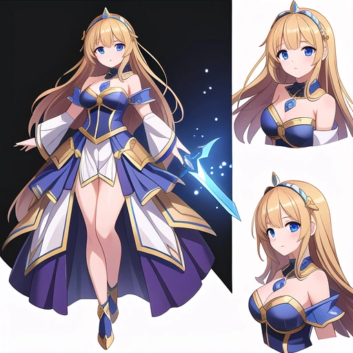 masterpiece, best quality, cute eyes, 1girl, solo, high fantasy costume, armor, sword, ((white background)), full body, multiple views,
