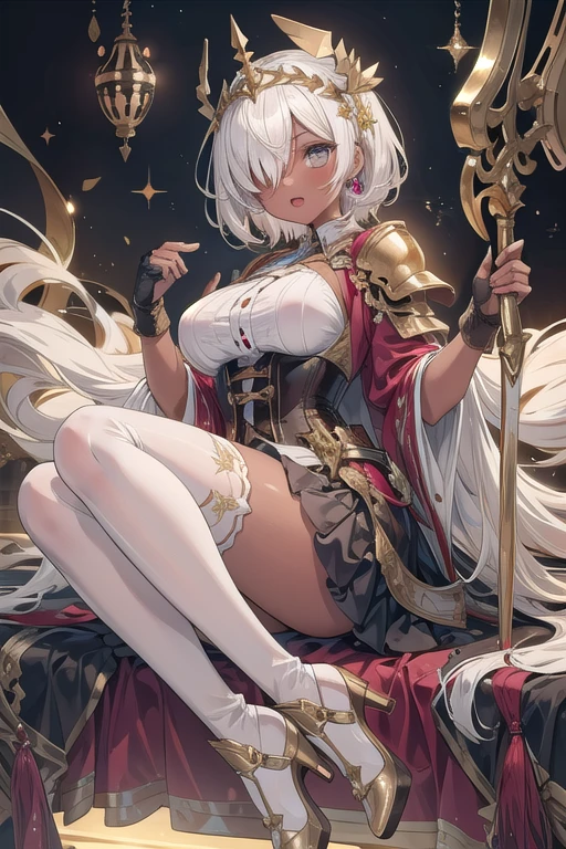 1girl, thighhighs, solo, white-hair, high-heels, short-hair, weapon, boots, gray-eyes, thigh-boots, breasts, corset, (golden cover), armor, gloves, open-mouth, headdress, white-thighhighs, skirt, looking-at-viewer, dress, jewelry, holding, braid, ((big breasts) 1:1), fingerless-gloves, lips, glowing, ((Dark-Skin)), ((golden-ornaments) 1:1) (((White-socks))), ((bangs-covering-one_eye)),