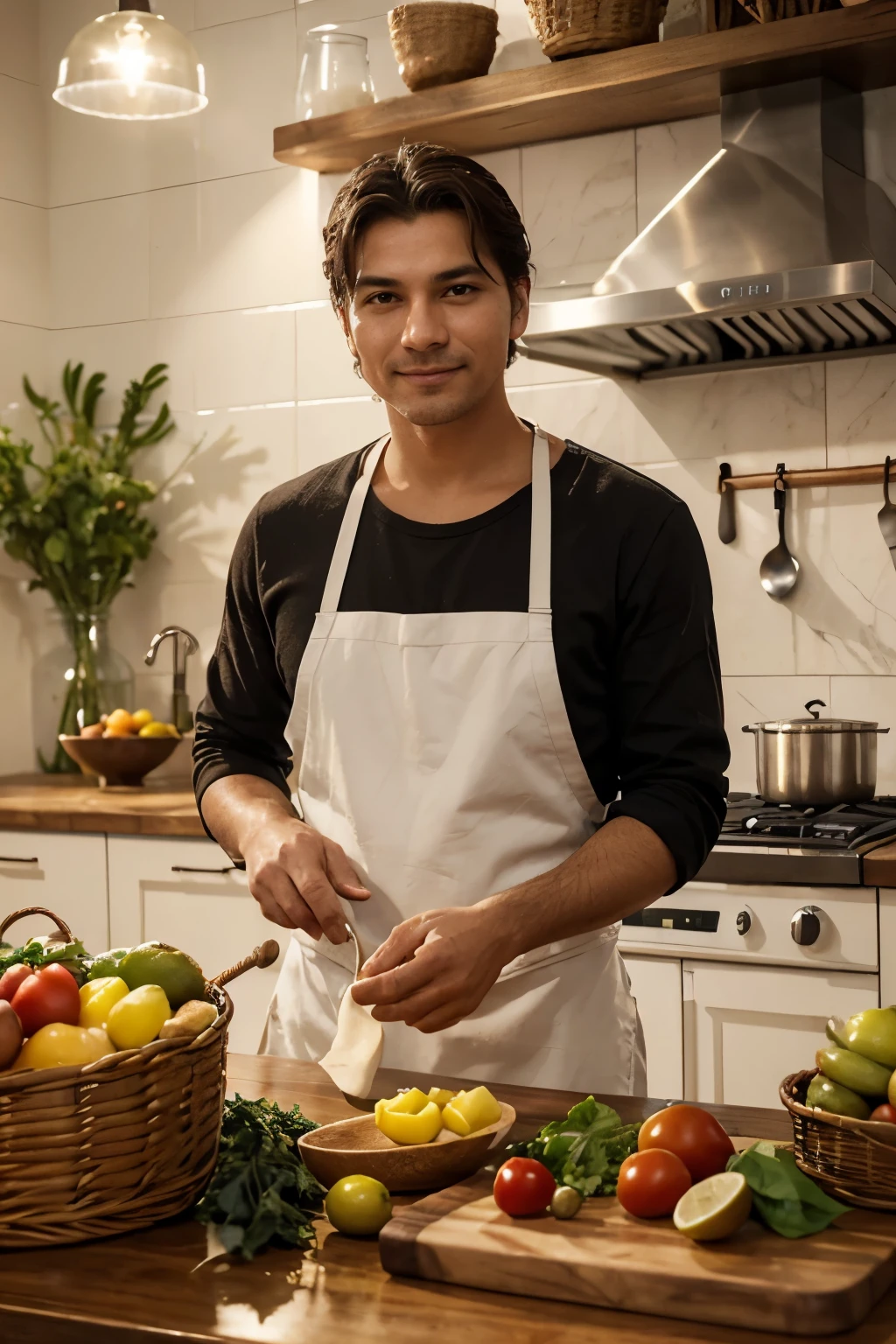 En el centro de la imagen, a chef stands in front of a rustic wooden table, which is topped with a variety of healthy and fresh ingredients arranged in an orderly manner. Sobre la mesa se pueden apreciar frutas vibrantes como fresas, uvas, manzanas verdes y naranjas jugosas, junto con verduras frescas como tomates cherry, espinacas y zanahorias. A wicker basket overflows with aromatic herbs such as basil, cilantro y romero.
El chef viste un delantal de colores blanco, yellow and brown, with leather details that give it a rustic and elegant touch. Her apron is adorned with pockets containing shiny kitchen utensils., como cucharas, cuchillos y batidores, ready to be used in the preparation of delicious dishes.
Behind the chef, the background is a solid color in creamy pastel tones, which brings a feeling of warmth and tranquility to the scene. Soft lighting highlights the natural colors of the ingredients and the chef's apron, creating a cozy and appetizing atmosphere.
En conjunto, The image conveys a feeling of freshness, health and passion for cooking, inviting the viewer to immerse themselves in the culinary world and enjoy the pleasures of healthy and tasty eating.