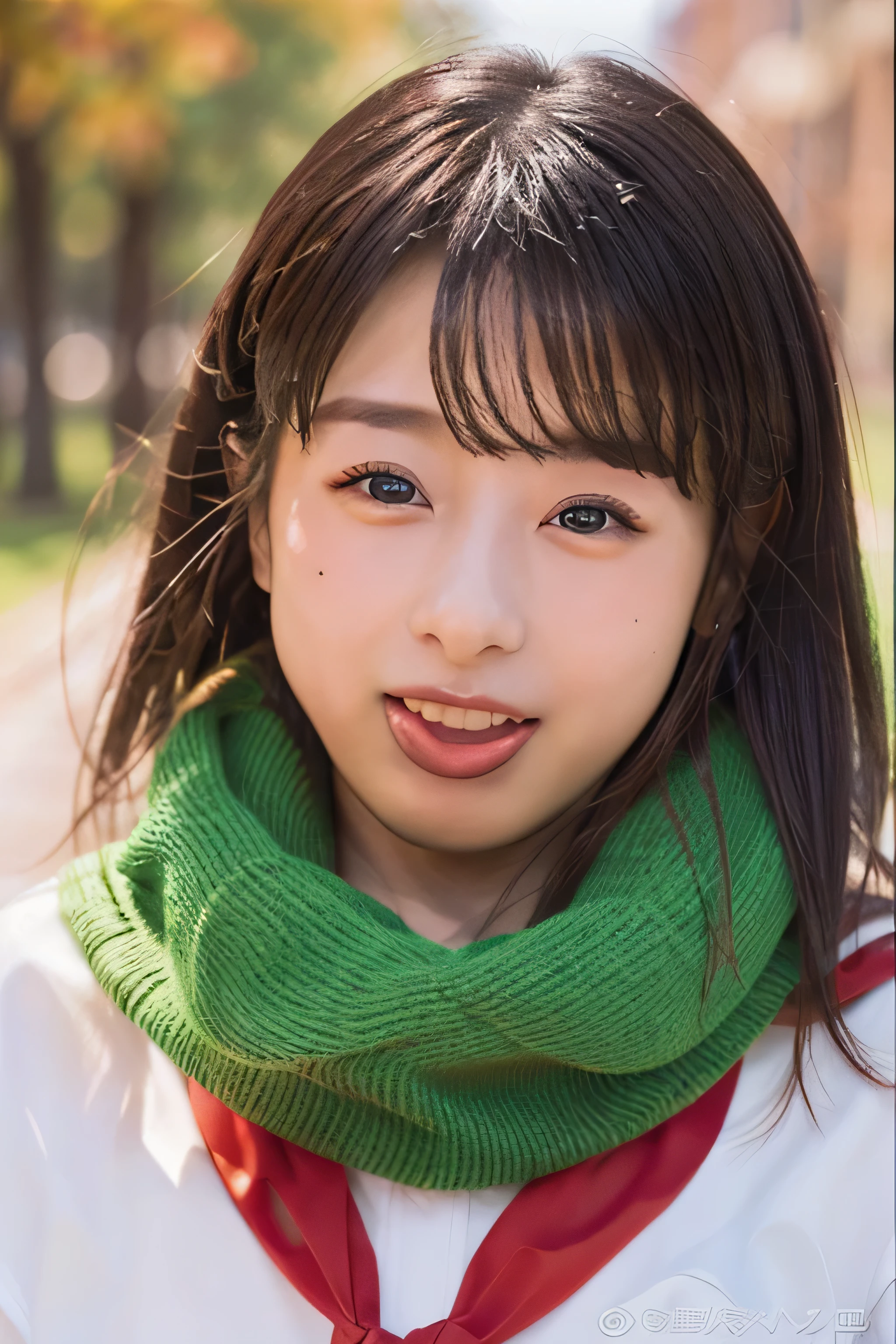 (highest resolution, clear_Image 1.2) 、(Beautiful girl with golden ratio face)、(19 year old girl)、(very vivid eyes、wolf eyes 1.2)、wonderful, high detail, lip gloss、very beautiful girl、 alone, beautiful girl like a model、(long sleeve sailor suit)、(highly detailed pleated scarf), beautiful and detailed eyes, beautifully detailed nose,(lick your tongue)、