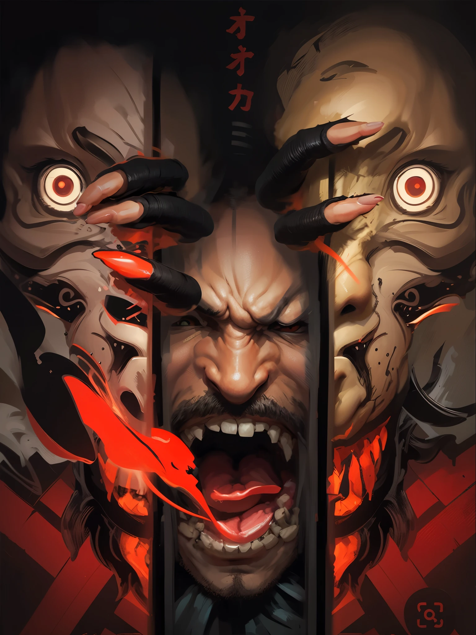 un primer plano de un cartel con un demonio, Japanese horror, estilo anime samurai afro, villain with a red oni mask, anime satoshi kon, satoshi kon art style, estilo anime samurai afro, estilo anime de desplazamiento ninja, inspirado en Satoshi Kon, Hombre malvado, estilo manga afro samurai, afro samurai style, tsutomu nihei arte
