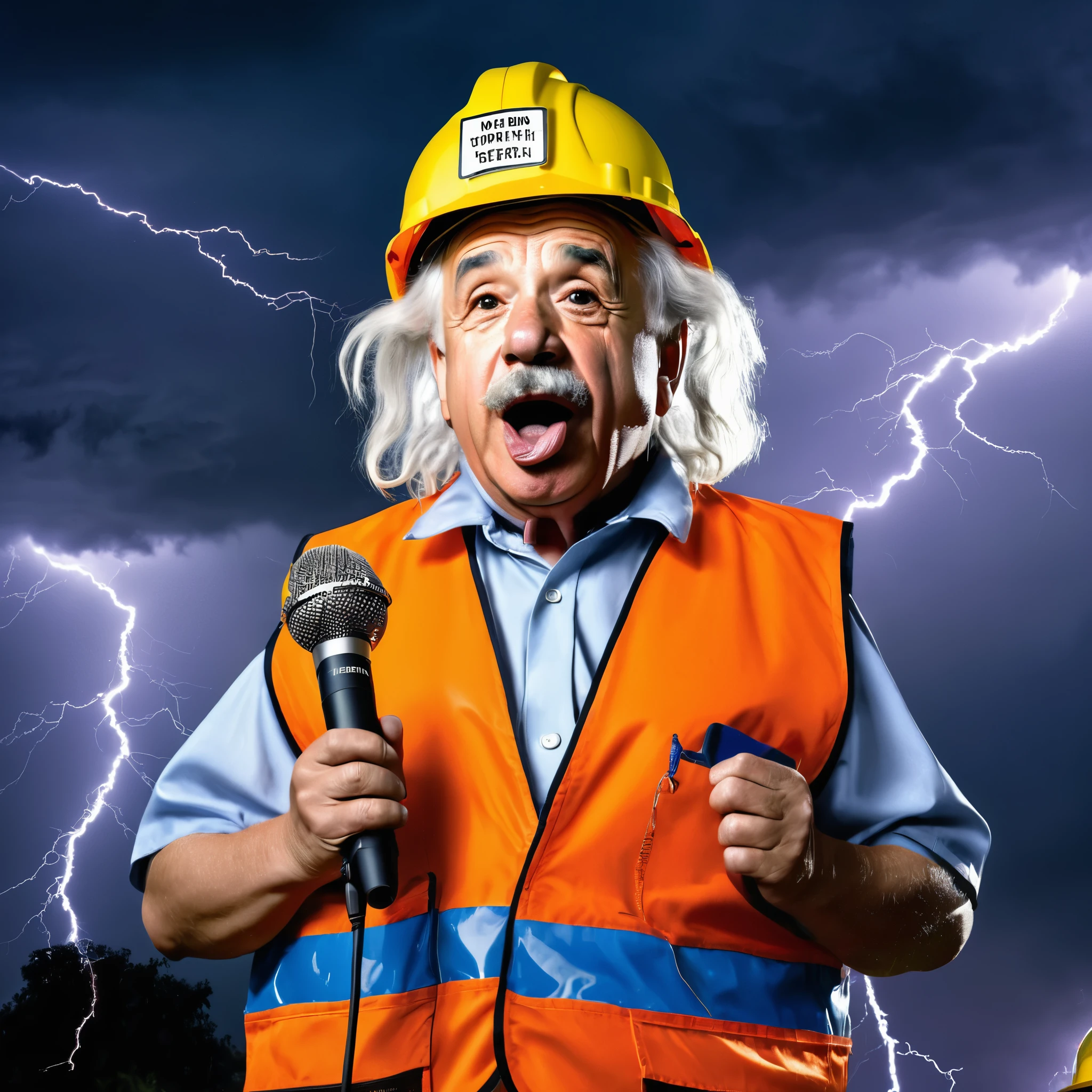 ((best quality)), ((photograph)), (detailed), (dramatic), Einstein wearing hard hat with the letters PJS on it and safety vest holding a microphone singing in a thunderstorm