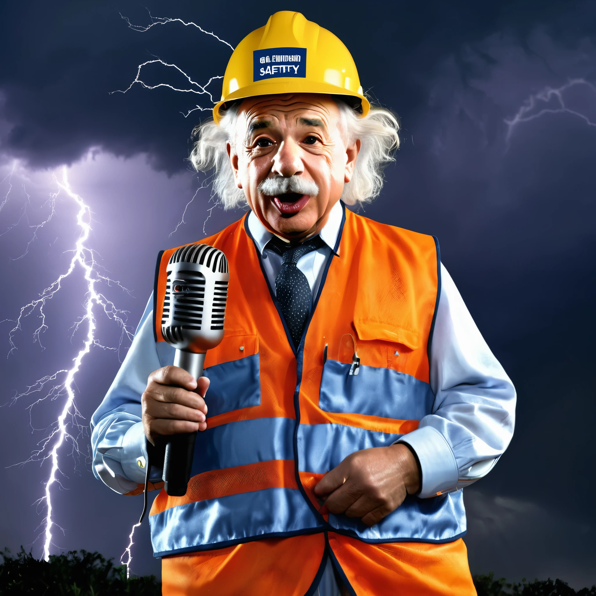 ((best quality)), ((photograph)), (detailed), (dramatic), Einstein wearing hard hat with the letters PJS on it and safety vest holding a microphone singing in a thunderstorm