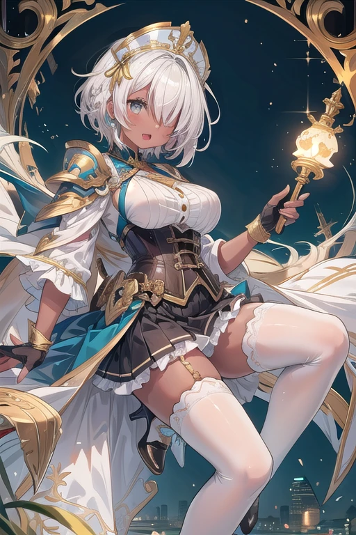 1girl, thighhighs, solo, white-hair, high-heels, short-hair, weapon, boots, gray-eyes, thigh-boots, breasts, corset, (golden cover), armor, gloves, open-mouth, headdress, white-thighhighs, skirt, looking-at-viewer, dress, jewelry, holding, braid, ((big breasts) 1:1), fingerless-gloves, lips, glowing, ((Dark-Skin)), ((golden-ornaments) 1:1) (((White-socks))), ((bangs-covering-one_eye)), thick thighs