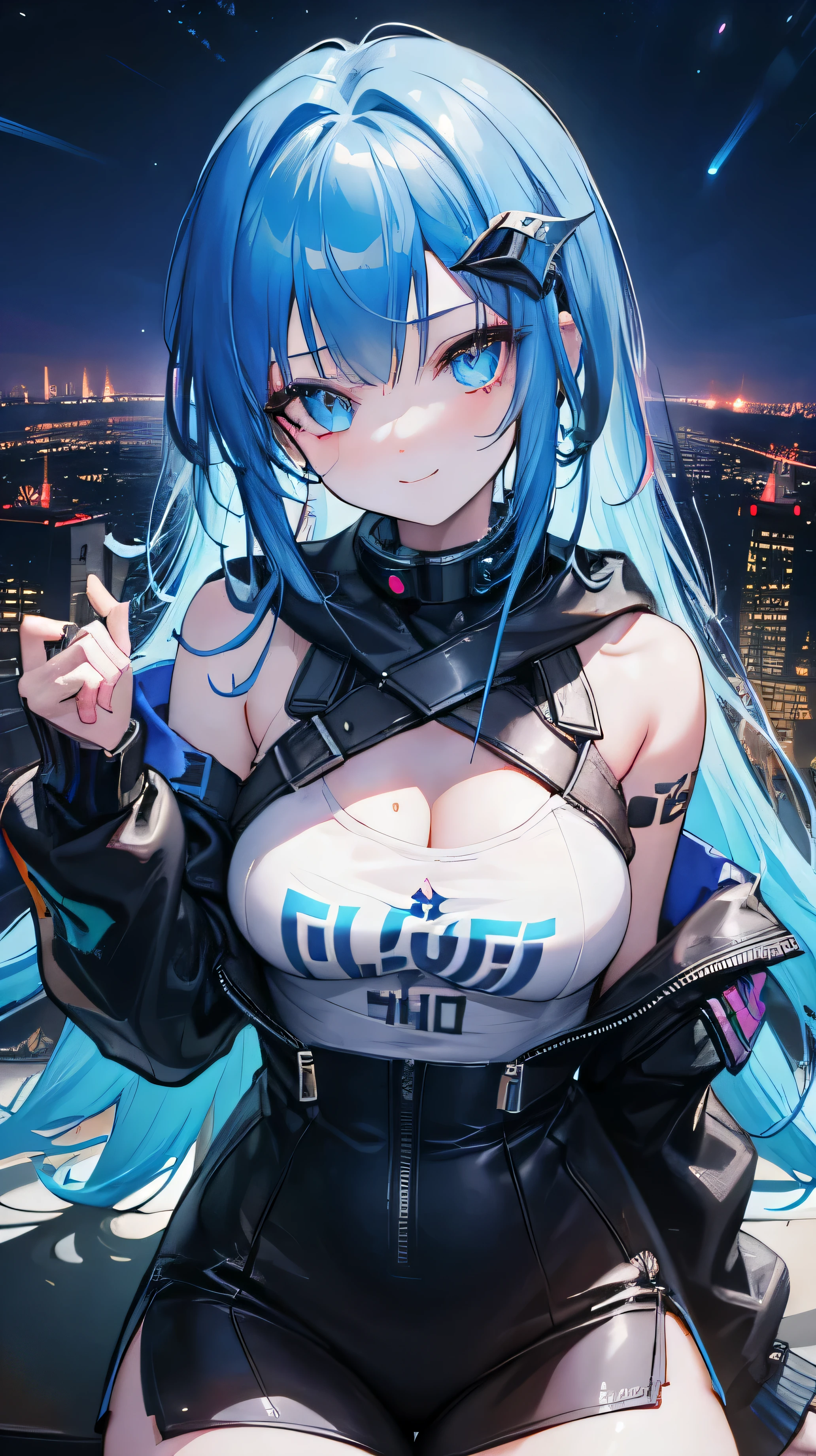 (table top), highest quality, 超A high resolution,, Cyberpunk 1 girl flies over a beautiful cityscape ,hoodie,blue hair, Neon color流れ星, very long hair, off shoulder, feather hair ornament, Neon color, blink, stunning night sky, cinematic lighting, realistic, realistic skin, Fisheye, (32k), smile,
