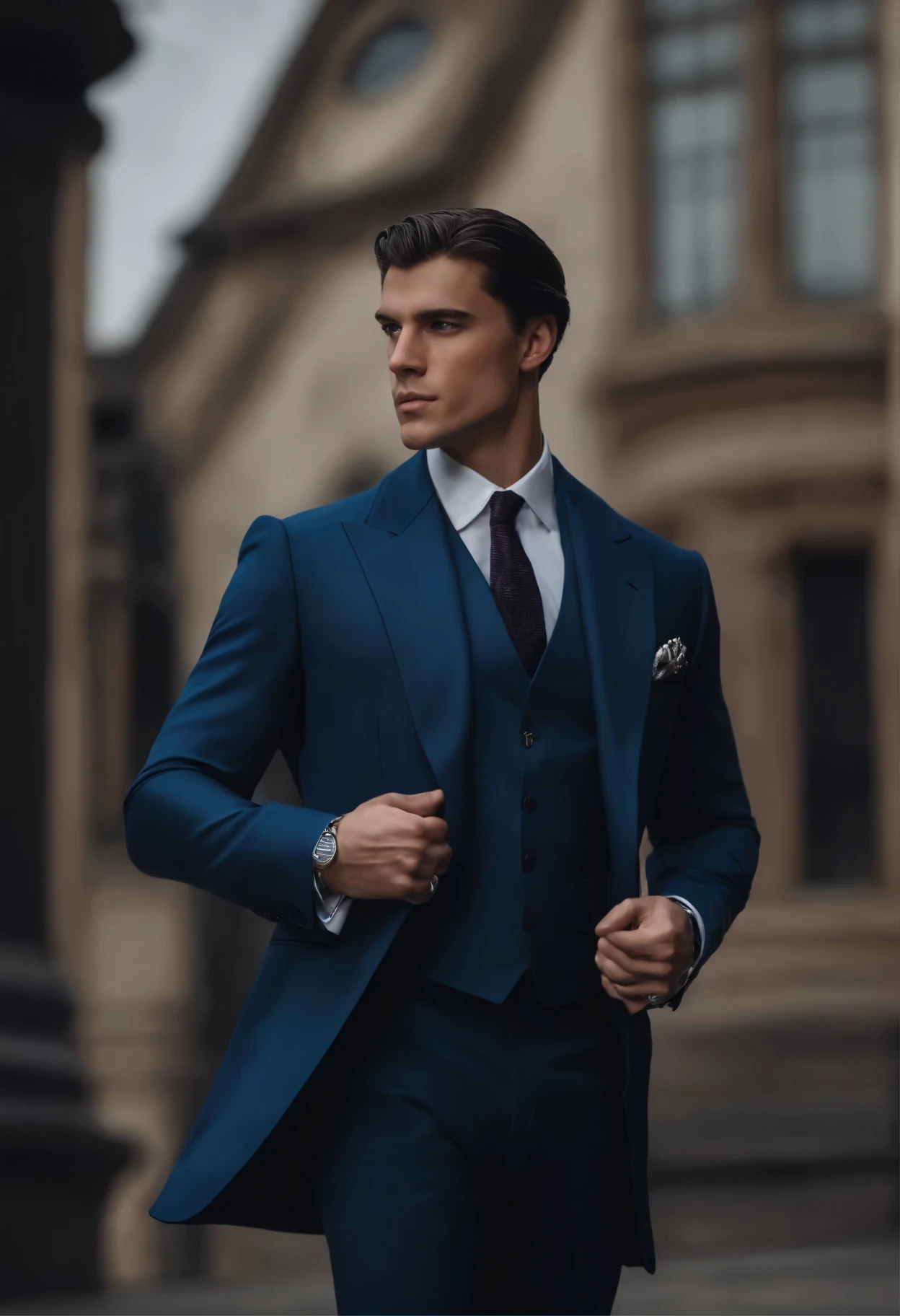 Masterpiece, Ultrarealistisch, Hochdetalliert, Foto von einem Businessmann im dunkel blauen Anzug, er hat schwarze Haare, einen leichten Bart, blaue Augen, he is 185 cm tall and has broad shoulders