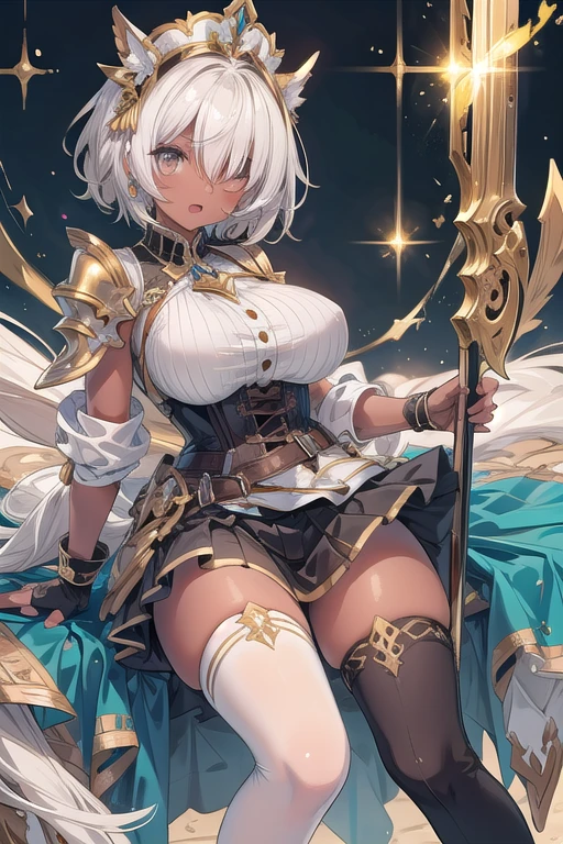 1girl, thighhighs, solo, white-hair, high-heels, short-hair, weapon, boots, gray-eyes, thigh-boots, breasts, corset, (golden cover), armor, gloves, open-mouth, headdress, white-thighhighs, skirt, looking-at-viewer, dress, jewelry, holding, braid, ((big breasts) 1:1), fingerless-gloves, lips, glowing, ((Dark-Skin)), ((golden-ornaments) 1:1) (((White-socks))), ((bangs-covering-one_eye)), thick thighs