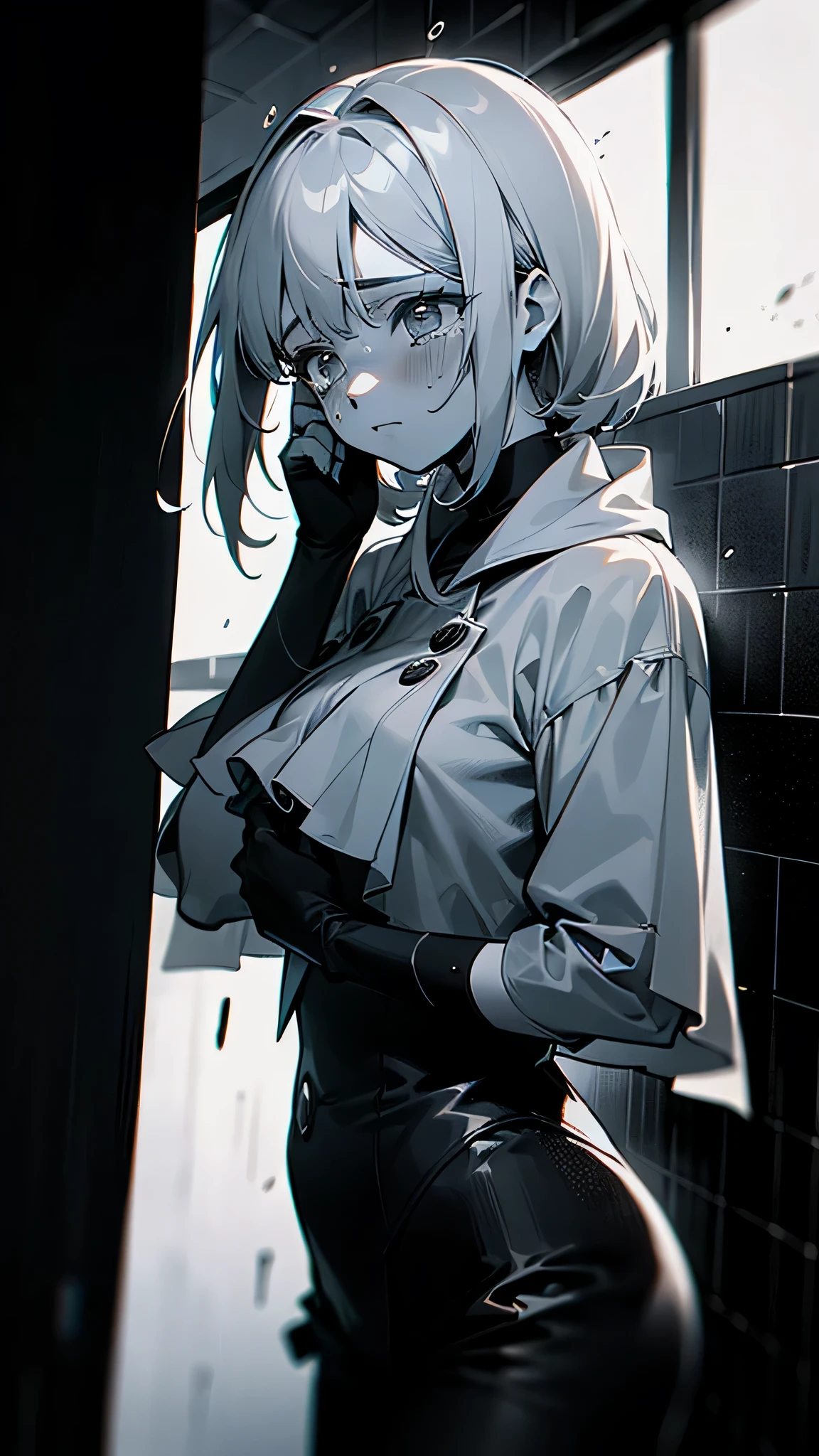 (super detalhado, melhor qualidade) 1 garota na chuva chorando pela melancolicamente, as gotas de chuva, hid their tears, head tilted up, corpo triste, expression of suffering, brilho da noite, monochrome,tons de cinza, pixiv