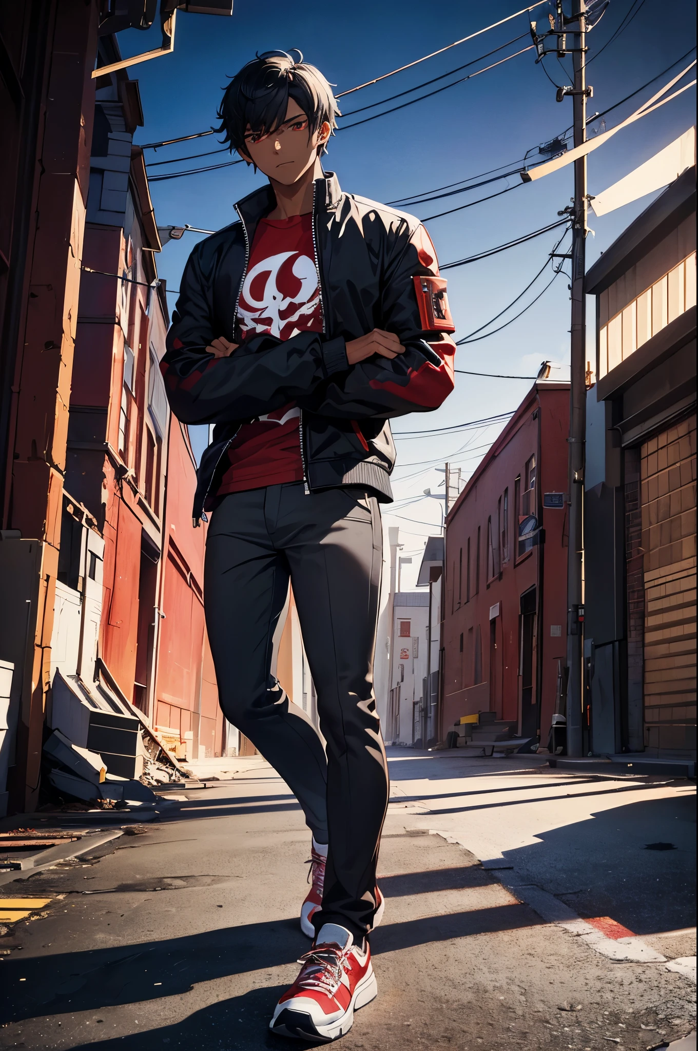 (Best quality, masterpiece, high resolution, detailed, perfect anatomy,) 1man, male body, short black hair, dark skin, red eyes, black lotterman jacket, red t-shirt, gray pants, red sneakers, alley stage at night , full body, arms crossed pose