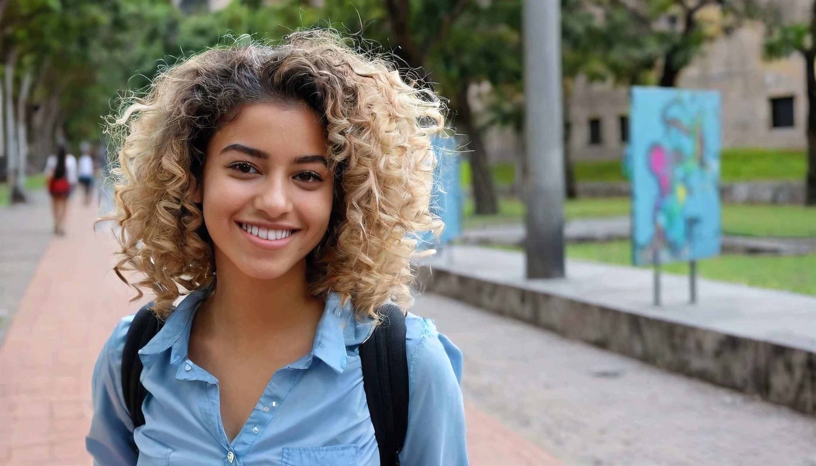 Describe a vibrant and dynamic scene of a 26-year-old Brazilian student walking across a university campus. She is wearing a light blue blouse, representando seu curso de arquiterura, and your face is lit by a contagious smile. Her hair is curly blonde, have colorful locks that add a touch of youthfulness and creativity to your look. Enquanto ela anda, a trail of modern paintings and graffiti unfolds behind her, portraying the diversity and energy of the academic environment. Essas obras de arte expressam a multiplicidade de culturas, ideas and perspectives that flourish within the university community, creating an inspiring and lively setting. 4k