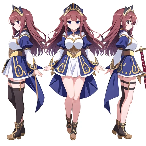masterpiece, best quality, cute eyes, 1girl, solo, high fantasy costume, ((white background)), full body, multiple views, warrior, sword,