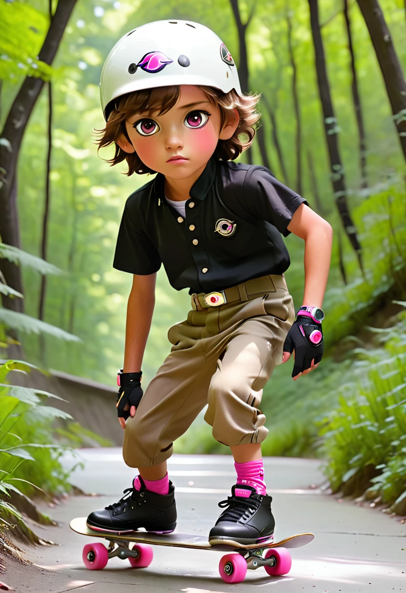 On a Hill Coming down skating is a boy with shiny brown eyes, white helmet wearing black short sleeve unbuttoned at the stop and wearing black and pink mix elbow and kenee guards and long khaki pants with kneew slits. On his wrist is a wrist bank with a silver and sapphire gem