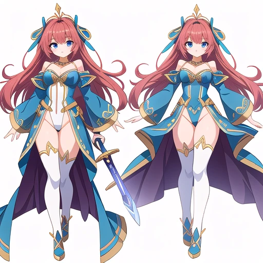 masterpiece, best quality, cute eyes, 1girl, solo, high fantasy costume, ((white background)), full body, multiple views, leotard, sword,