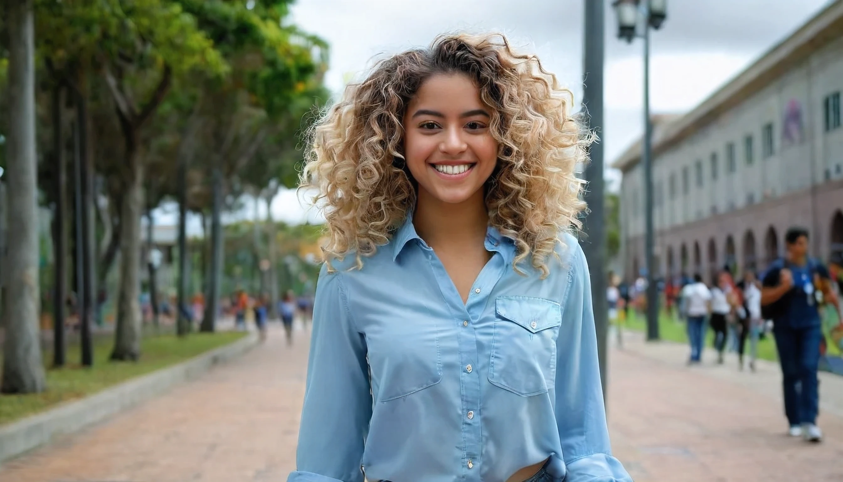 Describe a vibrant and dynamic scene of a 26-year-old Brazilian student walking across a university campus. She is wearing a light blue blouse, representando seu curso de arquiterura, and your face is lit by a contagious smile. Her hair is curly blonde, have colorful locks that add a touch of youthfulness and creativity to your look. Enquanto ela anda, a trail of modern paintings and graffiti unfolds behind her, portraying the diversity and energy of the academic environment. Essas obras de arte expressam a multiplicidade de culturas, ideas and perspectives that flourish within the university community, creating an inspiring and lively setting. 4k