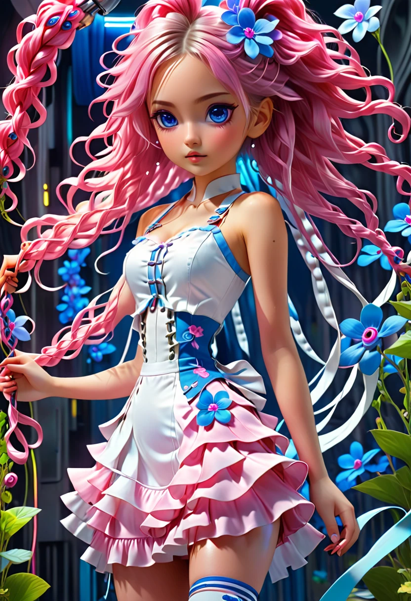 In front a Futuristic Background is a cute girl((full body)) pink eyes ((holding a synthe))pink long twin braids with dangling long curly strands (blue flowers in each braid, wearing a buttoned up mini white strapless tank top, a pink satin waist band, blue and white frilly skirt, blue high-heel shoes by artist Pixiv, Zerochan, Anime art, Fantia