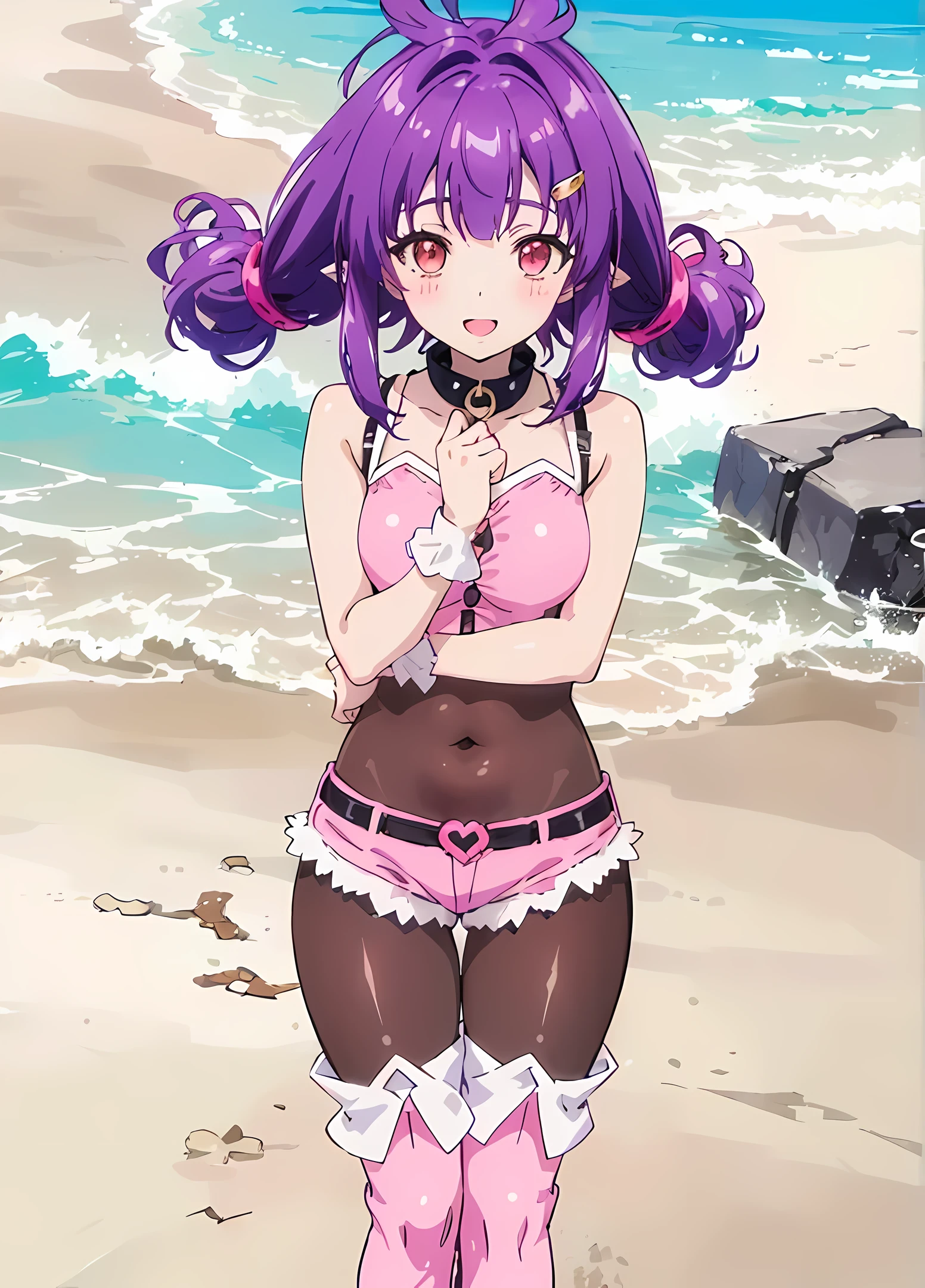 (short:1.4), (sherry:1.6), a woman on an island beach, official anime artwork, official artwork, anime moe artstyle, dreamy psychedelic anime, anime wallaper, anime visual of a cute girl, official art, fanart, masterpiece, best quality, high resolution, 8K, 4K, looking at viewer, large breasts, ass, smile edgYSD, collar, (dark brown leggings:1.5), (dark brown tights bodysuit:1.6), (purple hair:1.4), (dark red-gold eyes:1.2), gold eye accent, (hair_ornament:1.4), twin-tails, hair_tie, 1 girl, young female, beautiful finger, beautiful very long legs, beautiful body, beautiful nose, beautiful character design, perfect eyes, perfect face, expressive eyes, perfect lighting, shiny skin, nsfw, flushed skin, blushing face, lewd smile, slightly open mouth, gravure, pinup, very long legs, long thin pointy ears, (all visible leg skin covered by tights:1.2), (all visible stomach skin covered by tights bodysuit:1.4), (all visible hips skin covered by tights bodysuit:1.4), arms completely visible, (arms showing skin:1.2), japanese skin, (solid colors:1.4), lidded eyes, dark red-gold eyes, (pink short shorts:1.6), (pink sleeveless buttoned top:1.6), (pink outfit:1.2), (white trim:1.8), (white lapel:1.4), (thigh-high pink boots with white lapel:1.8), (black belt:1.2), (black garterbelts:1.6), (bright sunny day on the beach:1.4), waves, almost clear skies, sunny, trees, island plants, seashells, shoreline