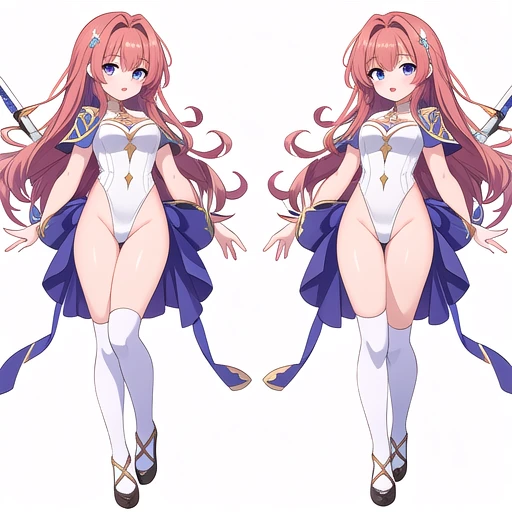 masterpiece, best quality, cute eyes, 1girl, solo, high fantasy costume, ((white background)), full body, multiple views, leotard, holding sword,