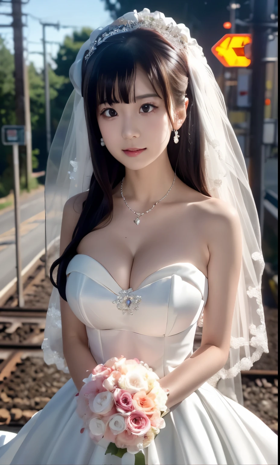 (((Pixel perfect, Perfect details))), alone, 1 girl，bride, yuigahama yui， Keep your mouth shut，pink glossy lips,bride子穿著bride禮服的特写,Gurwitz, (((bride頭紗)))，（transparent short veil），blush，eye shadow，Blushing face，Head flower，headgear，((bouquet))，((((tube top wedding dress))))，(((strapless wedding dress))),(bare shoulders)，pure white dress，(necklace)，((earrings))，(large breasts:1.3)，Bangs，lipstick，((White long elbow gloves)),Half-length photo,High-detail RAW color art,White long skirt,There is a railway track next to it，(standing on the railroad tracks:1.3),18 years old, （long twintails：1.5）, black hair,