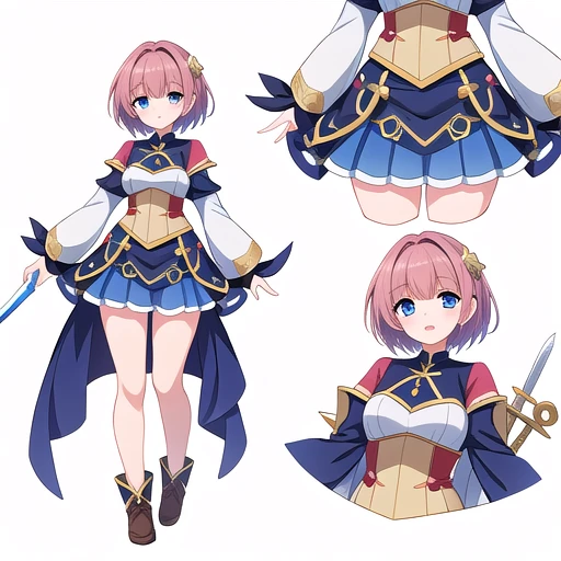 masterpiece, best quality, cute eyes, 1girl, solo, high fantasy costume, ((white background)), full body, multiple views, short shorts, sword,