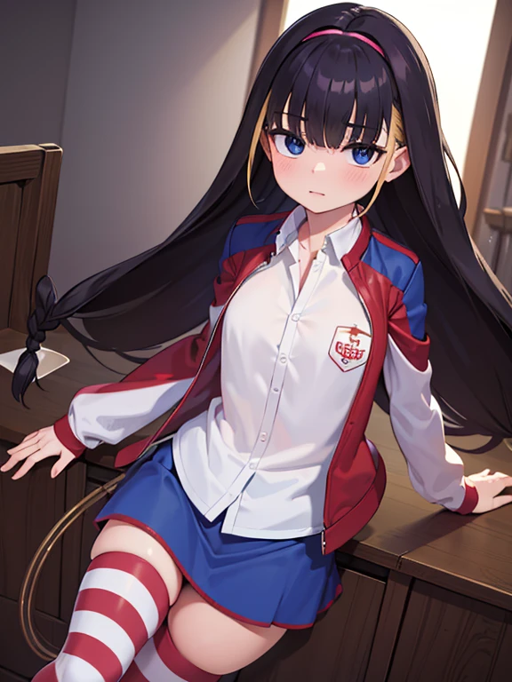(best quality,4k,8k,highres,masterpiece:1.2),ultra-detailed,(realistic,photorealistic,photo-realistic:1.37),HDR,UHD,studio lighting,ultra-fine painting,sharp focus,physically-based renderinglessar, lessar, black hair, blue eyes, demon tail, hairband, long hair, mechanical tail, multicolored hair, tail,  jacket, skirt, striped, striped thighhighs, thighhighs, shirt, white shirt, blue skirt,blue sleeves, red sleeves,,wings,fantasy forest,serene atmosphere,mysterious aura
