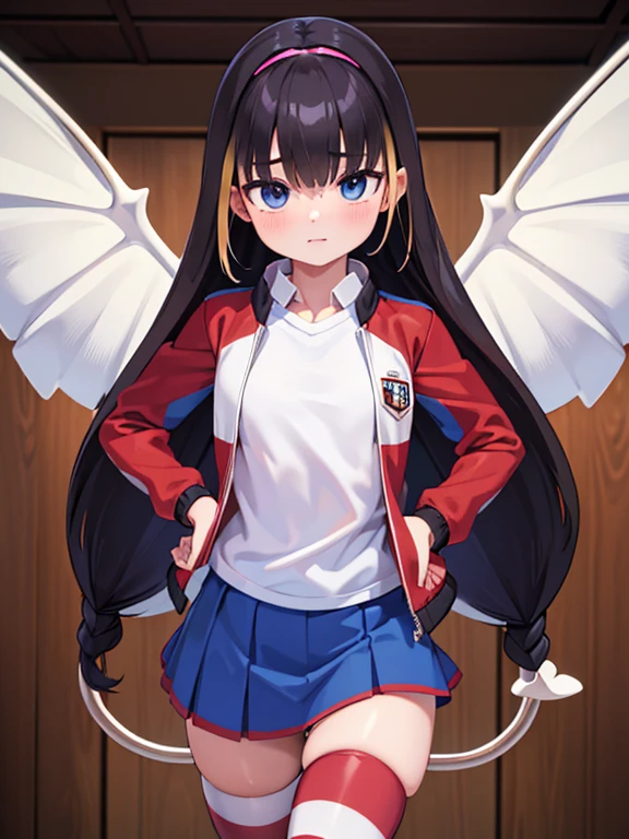 (best quality,4k,8k,highres,masterpiece:1.2),ultra-detailed,(realistic,photorealistic,photo-realistic:1.37),HDR,UHD,studio lighting,ultra-fine painting,sharp focus,physically-based renderinglessar, lessar, black hair, blue eyes, demon tail, hairband, long hair, mechanical tail, multicolored hair, tail, jacket, skirt, striped, striped thighhighs, thighhighs, shirt, white shirt, blue skirt,blue sleeves, red sleeves,,wings,fantasy forest,serene atmosphere,mysterious aura