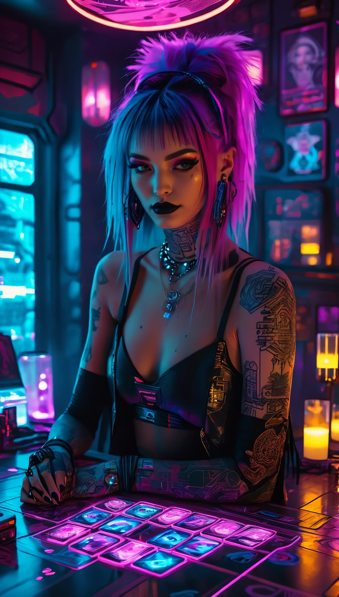 (tatot cards), realistic digital drawing, cyberpunk 2077 style, mystical room in futuristic world, table with modern tarot cards, beautiful woman, dark makeup, mystical tattoos, cyberpunk fortune teller outfit, spreads tarot to some cyberpunk woman (punk with colorful hair, wearing strange and mismatched clothes), unfolded tarot cards are visible on the table, dark room, light neon lighting, cyberpunk style, realistic, lots of detail, 8k, film grain, raw photo