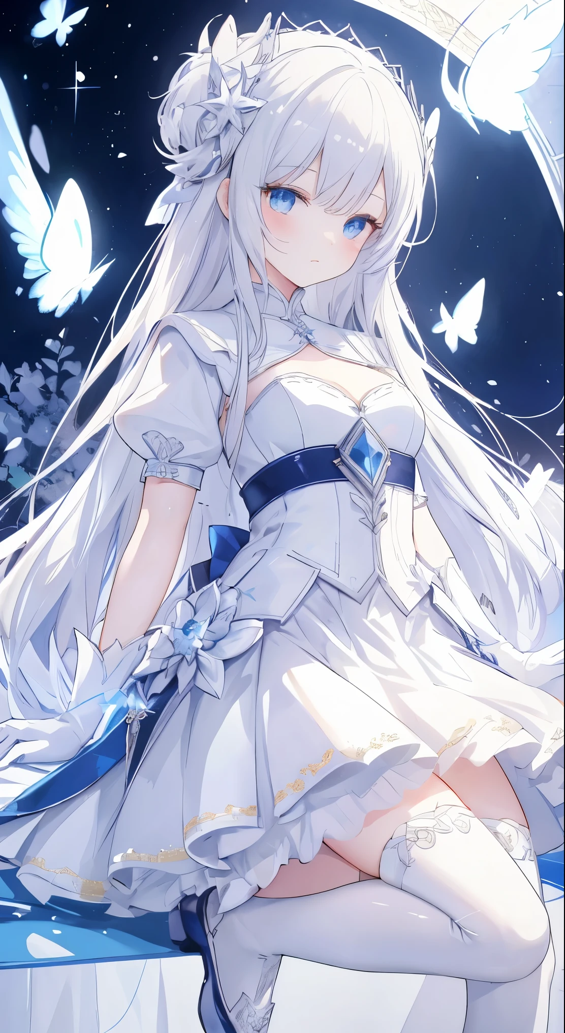 White elbow length gloves），white long gloves，White sling over the knee boots，long white hair，blue pupils，short sleeves，White belt，white leg rings，Ornate decoration，White high heel over the knee boots，beautiful background，anime girl，white skirt，long white hair，blue eyes, anime goddess,  Very detailed official artwork, Portrait Knight of the Zodiac Maiden, wearing nice clothes, Detailed key animation art, Epic light novel art cover, zodiac knight girl