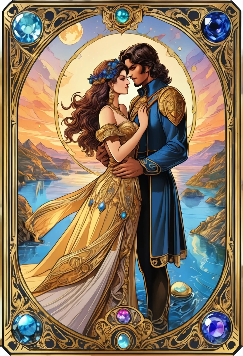 1couple, Tarot Cards, aesthetic, masterpiece, best quality, major arcana card, (lovers:1.5), tarot, in a gold card frame with precious stones, fantasy art, in the style of boris vallejo, beautiful, aesthetics, harmony, 1024k, sfw