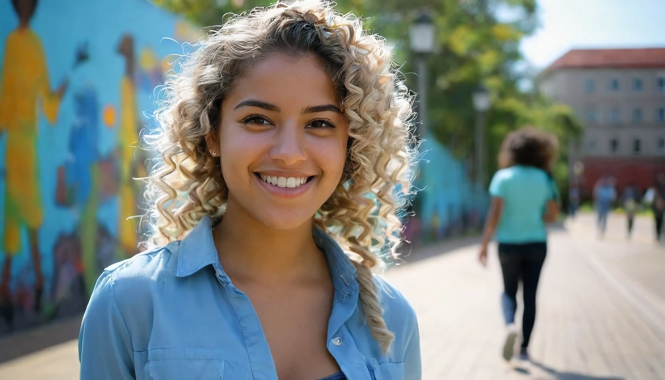 Describe a vibrant and dynamic scene of a 26-year-old Brazilian student walking across a university campus. She is wearing a light blue blouse, representando seu curso de arquiterura, and your face is lit by a contagious smile. Her hair is curly blonde, have colorful locks that add a touch of youthfulness and creativity to your look. Enquanto ela anda, a trail of modern paintings and graffiti unfolds behind her, portraying the diversity and energy of the academic environment. Essas obras de arte expressam a multiplicidade de culturas, ideas and perspectives that flourish within the university community, creating an inspiring and lively setting. 4k