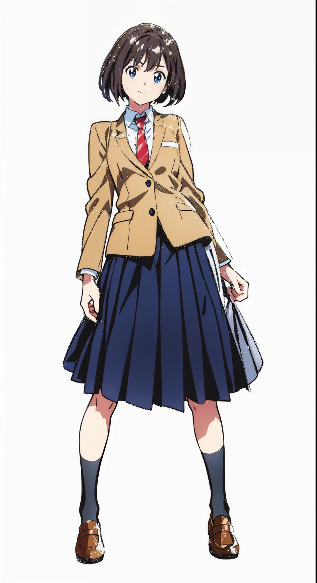 (best quality:1.0), (masterpiece:1.0), (super fine illustration:1.0), (beautiful artwork:1.0), (anime screencap:1.0), (official art:1.0), (tareme:1.5), (cheerful:1.5), (white background:1.0), (best quality:1.0), (masterpiece:1.0), (super fine illustration:1.0), (beautiful artwork:1.0), (anime screencap:1.0), (official art:1.0), (full body:1.0), (solo:1.0), (HSGA:1.0), (a 18yo cute girl:1.0), (long skirt:1.0), (dark blue skirt:1.0), (pleated skirt:1.0), (school uniform beige blazer:1.0), (dark blue necktie:1.0), (loafers:1.0), (black socks:1.0), (ideal ratio body proportions:1.0), (lanky:1.0), (tall:0.0), (slender:1.0), (small breasts:1.0), (smaller face:0.0), (tareme:1.0), (detailed beautiful eyes:1.0), (detailed beautiful face:1.0), (glowing black eyes:1.0), (bob cut hair:1.0), (black hair:1.0), (standing:1.0), (looking at viewer:1.0)