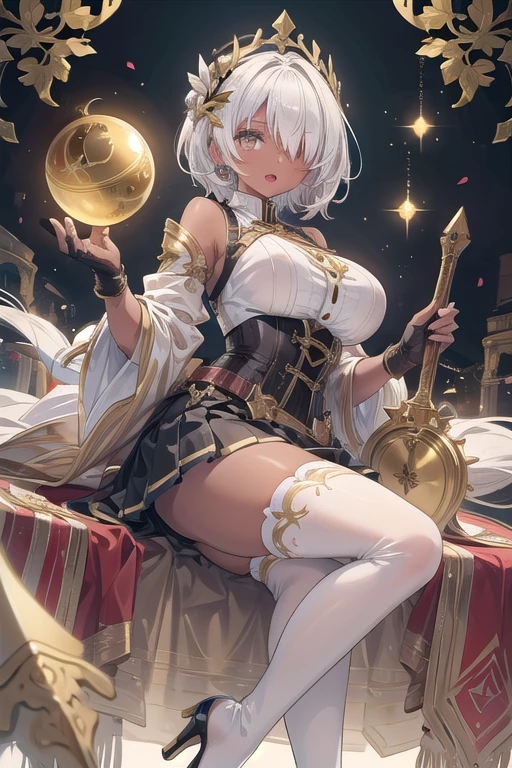 1girl, thighhighs, solo, white-hair, high-heels, short-hair, weapon, boots, gray-eyes, thigh-boots, breasts, corset, (golden cover), armor, gloves, open-mouth, headdress, white-thighhighs, skirt, looking-at-viewer, dress, jewelry, holding, braid, ((big breasts) 1:1), fingerless-gloves, lips, glowing, ((Dark-Skin)), ((golden-ornaments) 1:1) (((White-socks))), ((bangs-covering-one_eye)), thick thighs