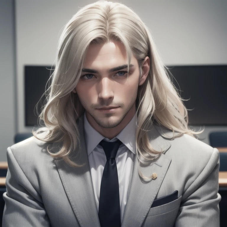 1 person, handsome, upper body portrait wearing a classic suit in a meeting room in a modern room, looks at the viewer, bright light. realistic, 40+ Years, man, European, long-haired blond with gray streaks, blonde hair, bright skin