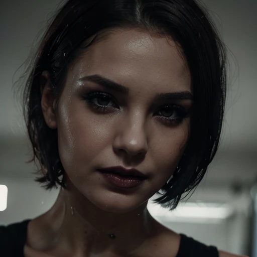 Very closeup girl face, biting lip, gothic dark makeup, choaker, short wet look bob hairstyle gym, dark hair, 4k, realistic