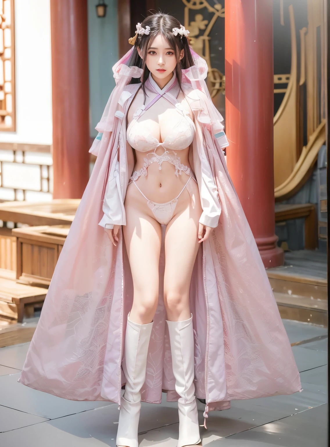 A girl wearing Hanfu, 美麗的fantasy皇后, anime goddess, full body xianxia, ((美麗的fantasy皇后)), sweet smile，Sexy red bikini underwear，high cut underwear，long legged girl，put on boots，huge breasts，fantasy服装, Sha Xi, ((美麗的fantasy皇后)), Full red cloak, Full body purple cloak, 穿着fantasy服装, wenfei yeanime girl role play，Chinese Hanfu, look at the audience，Face the audience，flowing long hair，Surreal 8000g，Impeccable，masterpiece，professional artwork，famous artwork，Light，movie bloom，perfect face，pretty face，fantasy，Dreamy and magical，not real，intricate details，Delicate pattern