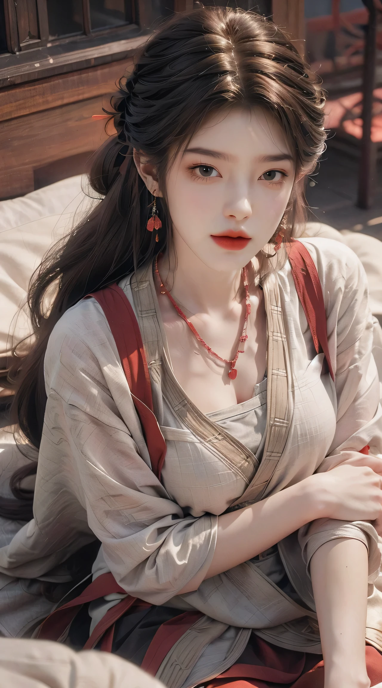 ((knee shot)), ((lying down)), ((Lying on an antique bed)), ((One hand plays with hair, Cover your chest with one hand)), (ancient chinese style), clear face, pretty face, 8k, masterpiece, original photo, best quality, detail:1.2,lifelike, detail, Very detailed, CG, unified, wallpapers, depth of field, movie light, lens flare, Ray tracing, (extremely beautiful face, beautiful lips, beautiful eyes), intricate, detail's face, ((ultra detailed skin)), 1 girl, in the darkness, deep shadow, beautiful korean girl, kpop idol,(Very slim figure:1.3), A plump chest, Large breasts, Slender sexy legs, Very nice legs, elegant posture, A seductive and seductive pose, (bright smile), (City night, (neon lights), (night), beautiful korean girl, white diamond earrings, Diameter bracelet, Dia necklace, clear eyes, (big eyes)