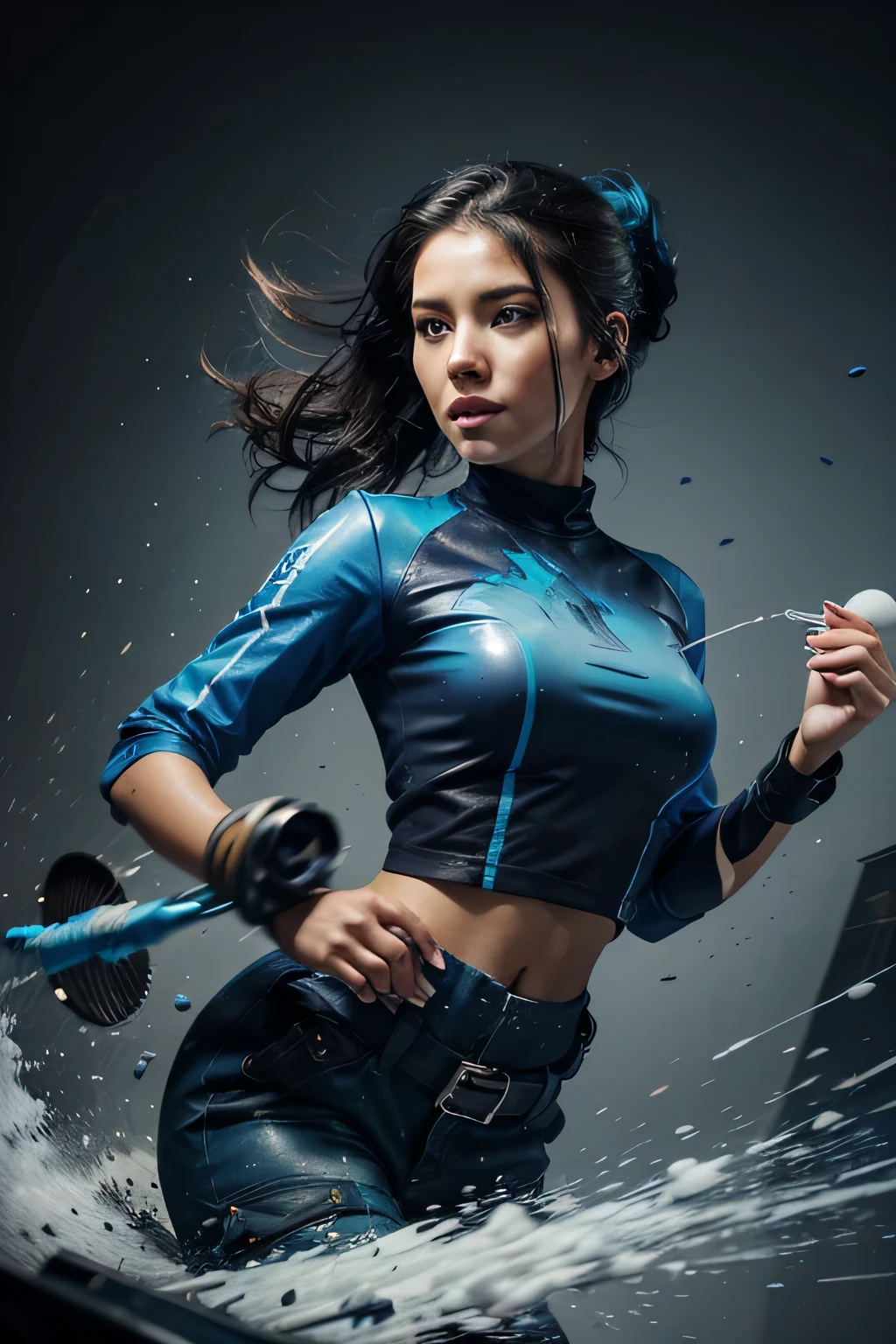 Award-winning samdoesarts style, portrait of a beautiful woman in a top and cargo pants with a dark blue ombre hairstyle, with moving head and flying hair, splashes of paint, spray, overtake, empty dishes, hatched flat illustration, digital art, trending on artstation, very detailed, fine detail, difficult