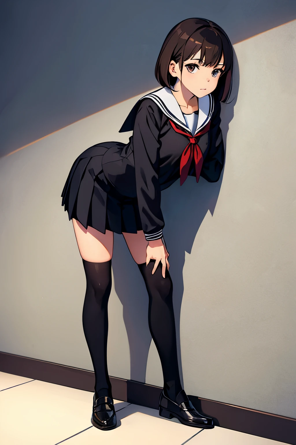 wearing ，sailor suit，black clothes，lean against the wall，black knee socks,Wearing brown leather shoes，whole body，Background of the school building