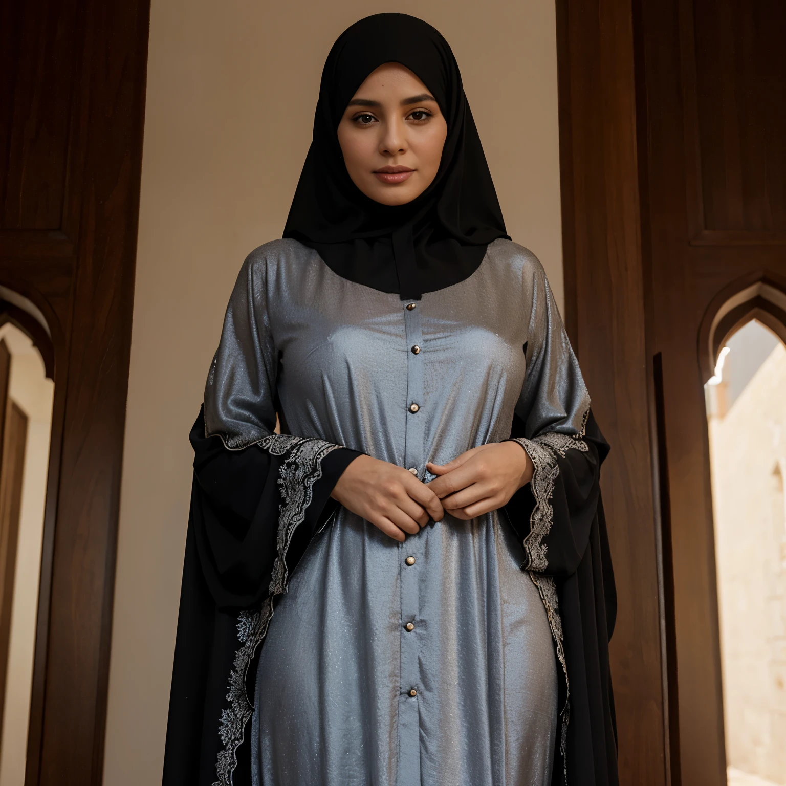 A very beautiful, veiled, forty-year-old woman lifts her abaya to show her pussy