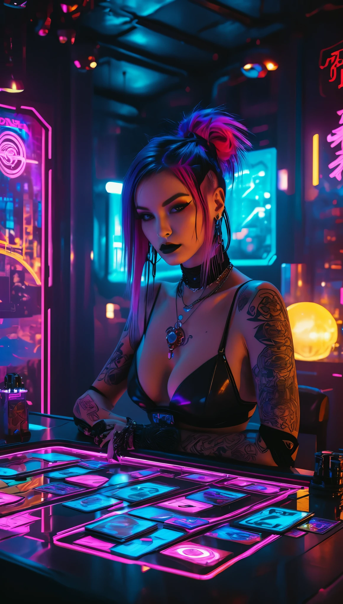 (tatot cards), realistic digital drawing, cyberpunk 2077 style, mystical room in futuristic world, table with modern tarot cards, beautiful woman, dark makeup, mystical tattoos, cyberpunk fortune teller outfit, spreads tarot to some cyberpunk woman (punk with colorful hair, wearing strange and mismatched clothes), unfolded tarot cards are visible on the table, dark room, light neon lighting, cyberpunk style, realistic, lots of detail, 8k, film grain, raw photo