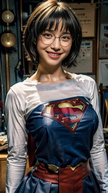 (((beauty in glasses, European appearance, in full height, in the artist's clothes))) ((((Smiling)))), (((hair light, European Eye Shape))), Average Breasts, Short hair, Bob haircut, ((in the garage, Paints, Tassels, canvas, Unfinished paintings))), 8K, Best Quality, real picture, intricate details, Ultra-detailed, ultra highres, depth field, (Photorealistic, Realistic:1.2), Masterpiece, (supergirl), superhero, Best Quality, Realistic, Photorealistic, (intricate details:1.2), (delicate detailed), (cinematiclight), sharp-focus, realistic face, Detailed Face, wallpapers