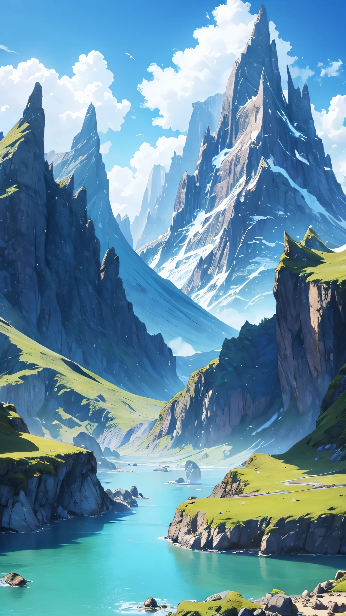 high fantasy landscape, blue sky's, mountain ranges
