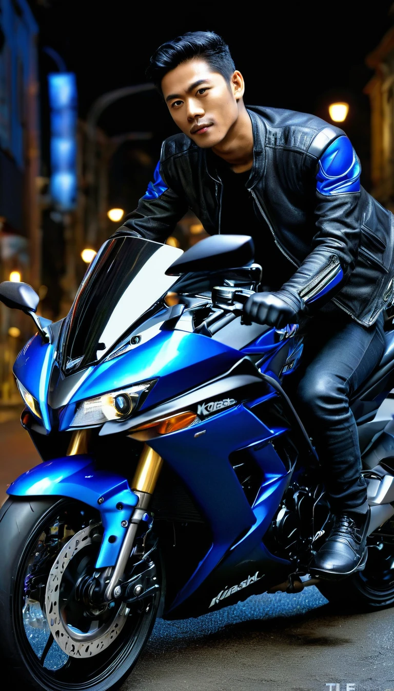 

create realistic image a handsome indonesian man sitting pose on a sleek, blue kawasaki ninja 1000RR sports motorcycle at night. The individual wears a black leather jacket, adding to the urban and modern aesthetic of the scene. The motorcycle’s vibrant blue color stands out against the dark background. Ambient city lights illuminate the surroundings, creating contrasts of light and shadow, 800mm lens, realistic , hyperrealistic, photography, professional photography, deep photography, ultra HD, very high quality, best quality, mid quality, HDR photo, focus photo, deep focus, very detailed, original photo, original photo, ultra sharp, nature photo, masterpiece, award winning, shot with hasselblad x2d 
