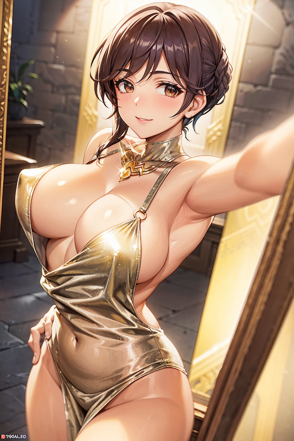 Masterpiece in 8k: A beautiful woman takes a selfie with a sharp focus on her expressive face and sculpted body. Her slim yet ample breasts are highly detailed and shimmering under the soft light. Her dark brown curls cascade down to her shoulders, framing her golden skin and radiant smile.
Selfie, Sharp focus 1.2: A cute, beautiful woman strikes a pose for a selfie with a perfect body and a captivating smile. Her breasts, though small yet firm, are detailed to the point of realism, adding allure to her appeal.
Cute beautiful woman with perfect body 1.4: In stunning 8k resolution,