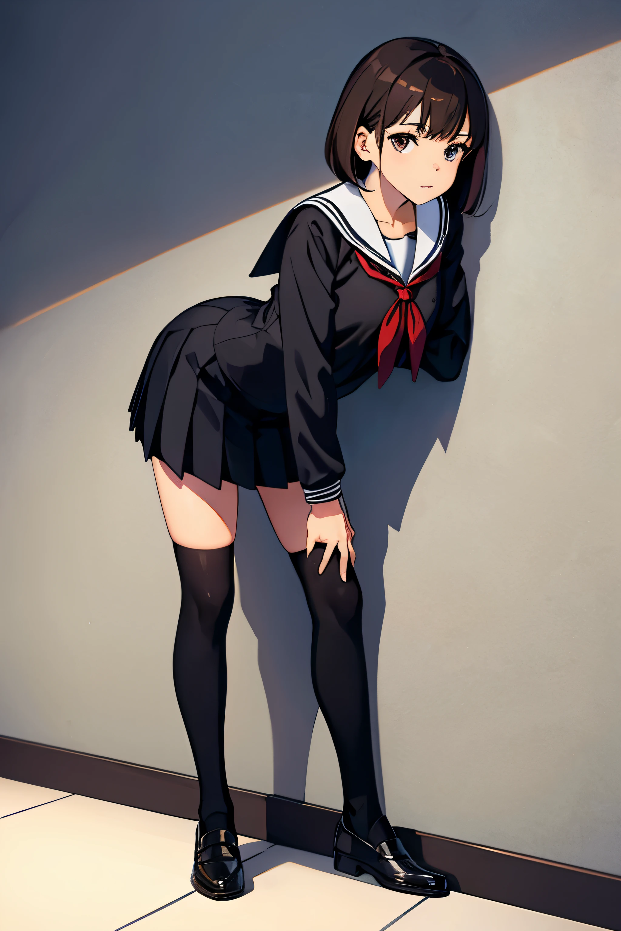 (nsfw),1girl, solo,school_uniform,black sailor_collar, serafuku, black_sailor_collar,animated collared,skirt lift by myself,beautifully skinny legs,beautiful background,pull down white pantie,half undressed