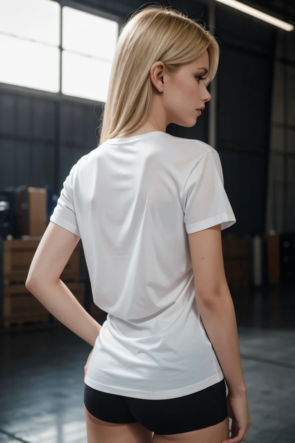masterpiece, real photo, realistic, masterpiece, foto, studio, blone woman, blonde, young, white t-shirt, posing with back to camera, in a hangar, dark light, smooth lighting, t-shirt, normal t-shirt, showing her back, backwards to camera, matte material, matte fabric