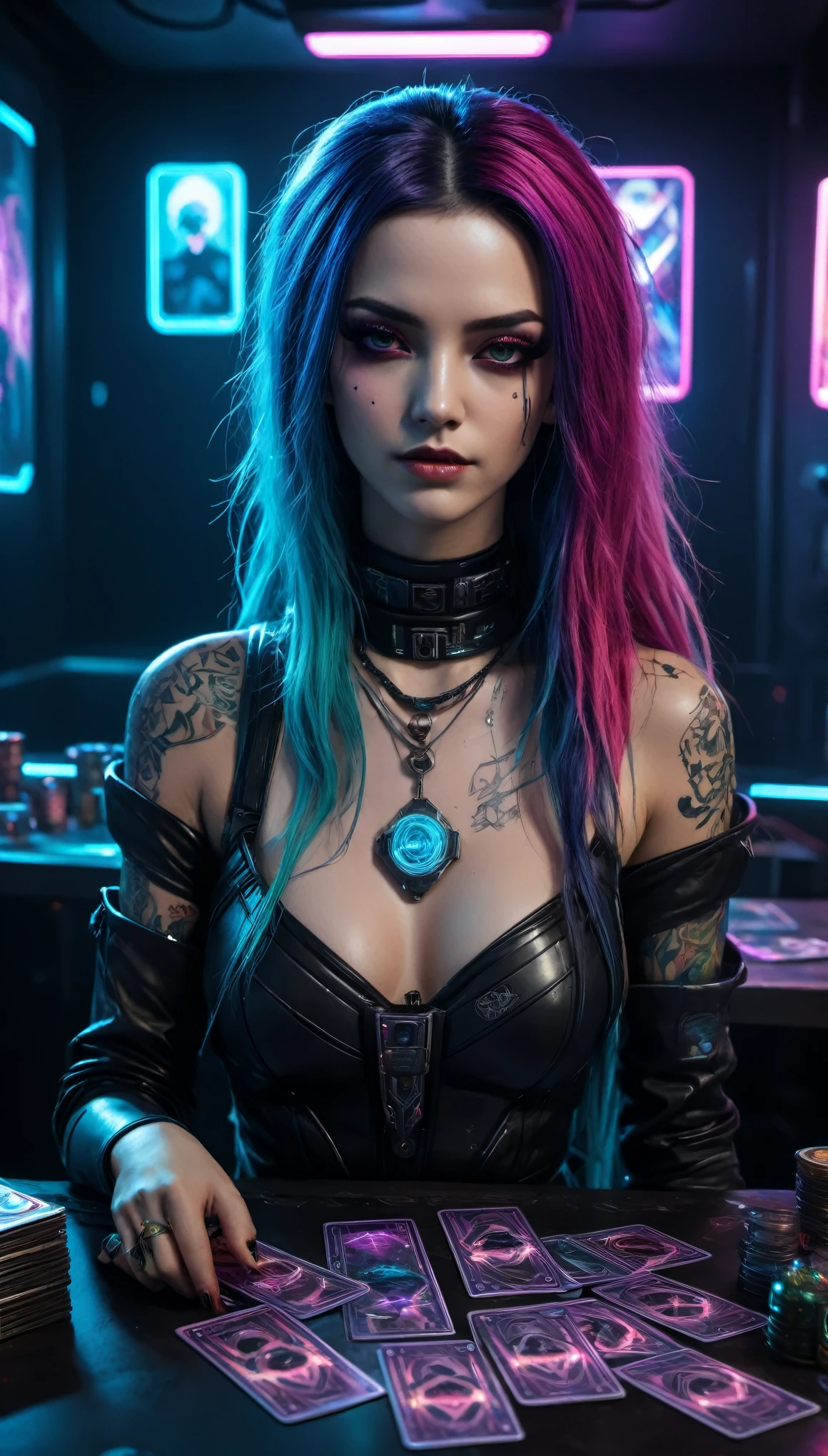 (tatot cards), realistic digital painting, cyberpunk 2077 style, mystical room in futuristic world, table with modern tarot cards, beautiful woman, dark makeup, mystical tattoos, cyberpunk fortune teller outfit, spreads tarot to some cyberpunk woman (punk with colorful hair, wearing strange and mismatched clothes), unfolded tarot cards are visible on the table, dark room, light neon lighting, cyberpunk style, realistic, lots of detail, 8k, film grain, raw photo, 