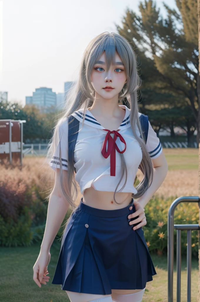 ultra-detailed,highly detailed,best quality,masterpiece,illustration,realistic,photorealistic,
clannad, hikarizaka private high , summer uniform, 
1girl, solo, cosplay, 
serafuku, short sleeves shirt, sailor collar, suspender skirt, thighhighs, neck ribbon, 
bangs, hair ornament, very long hair, grey hair, hairband,
looking at viewer, standing, cowboy shot, 
outdoors, photo background, plant, day, cherry blossoms, falling petals, wind,
tarankaaa, ((perfect eyes, detailed eyes,realistic eyes)), ((sharp face, detailed face, realistic face, natural skin, realistic skin, detailed skin, pores)), ((perfect body, detailed body, realistic body, big proportions)) 