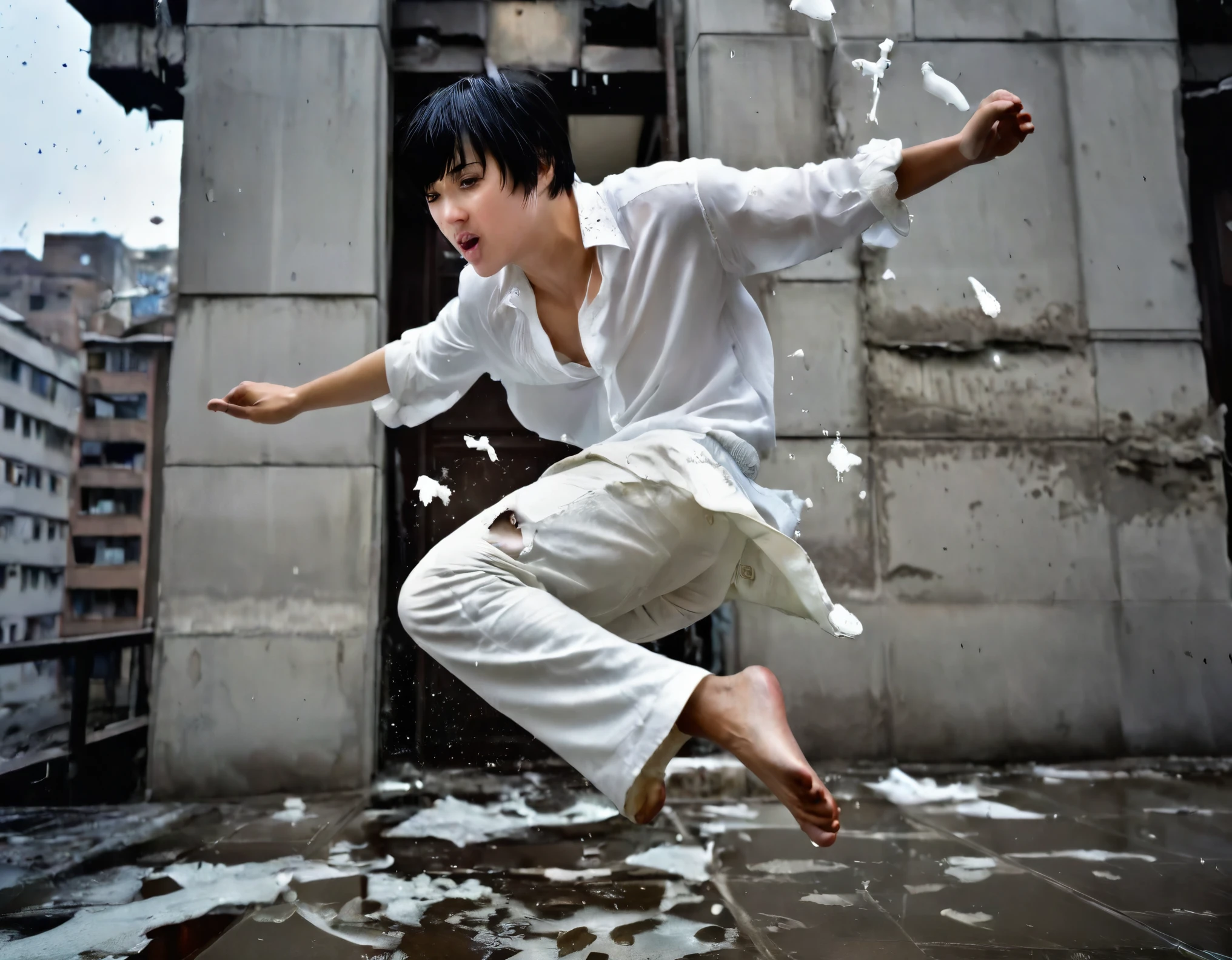 the young man with short black hair with bangs falling to the ground of a building, humid weather, cold weather, dark image, (((WHITE CLOTHES ONLY))), wearing a torn white blouse and pants, falling from the sky to the ground, movement of falling from the sky, (((barefoot)))