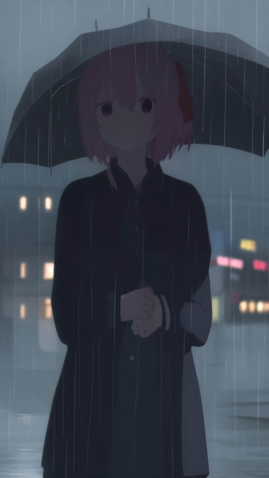 Satou, raining, outside, wet clothes, emotionless, expressionless, city atmosphere, black polo costume,